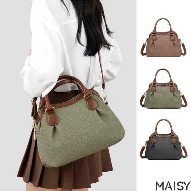 【MAISY】情人節禮物 多收納格層時尚尼龍包 手提包 肩背包(綠色／粉紫色／黑色)