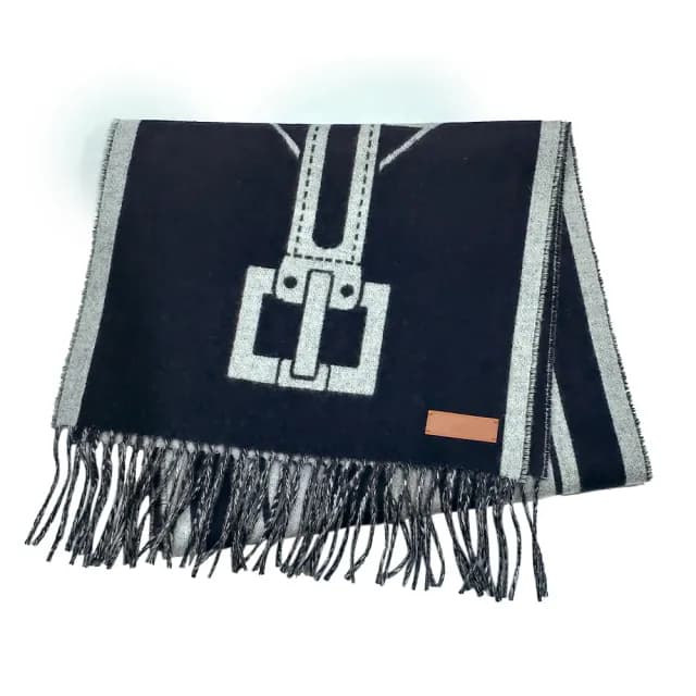 【Hermes 愛馬仕】H259151S 02 Casaque Les Sangles經典羊毛雙面編織流蘇圍巾(藍灰色)