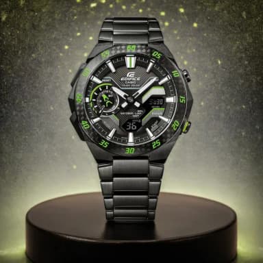 【CASIO 卡西歐】EDIFICE 賽車方格旗 太陽能藍芽手錶-黑x綠色 送禮 禮物 推薦(ECB-2200RC-1A3)