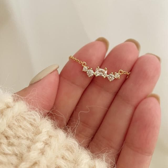 【CReAM】母親節禮物 Viola銅鍍18K金色五鑽方鑽圓鑽女項鍊(生日 禮物 送禮 禮盒)