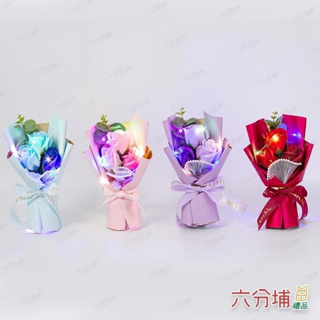 【六分埔禮品】LED珍珠美人玫瑰香皂花束(Ins生日畢業禮物花束人造花母親節告白情人節求婚)