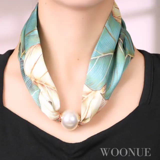 【WOONUE】貴婦高級磁扣絲巾項鍊珍珠樣式絲綢質感領巾圍巾項鍊(送禮母親節老婆媽媽女友閨蜜朋友姐妹禮物)