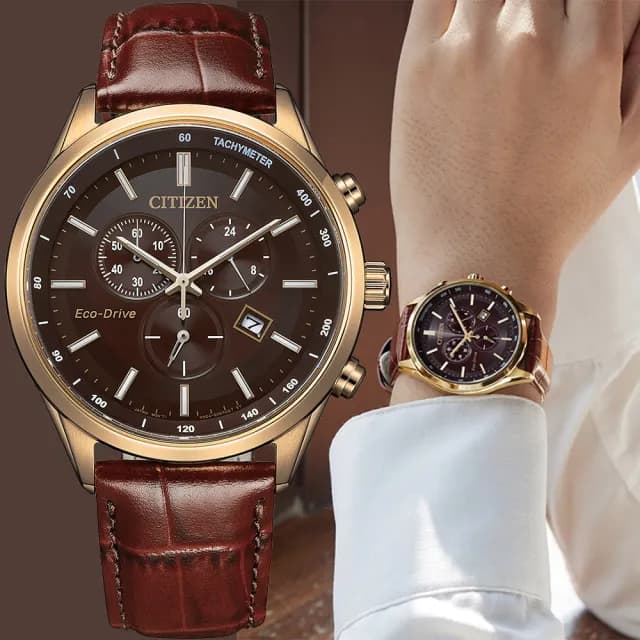 【CITIZEN 星辰】亞洲限定款 光動能三眼計時手錶-咖啡x玫瑰金/42mm 禮物 送禮 推薦(AT2573-07X)
