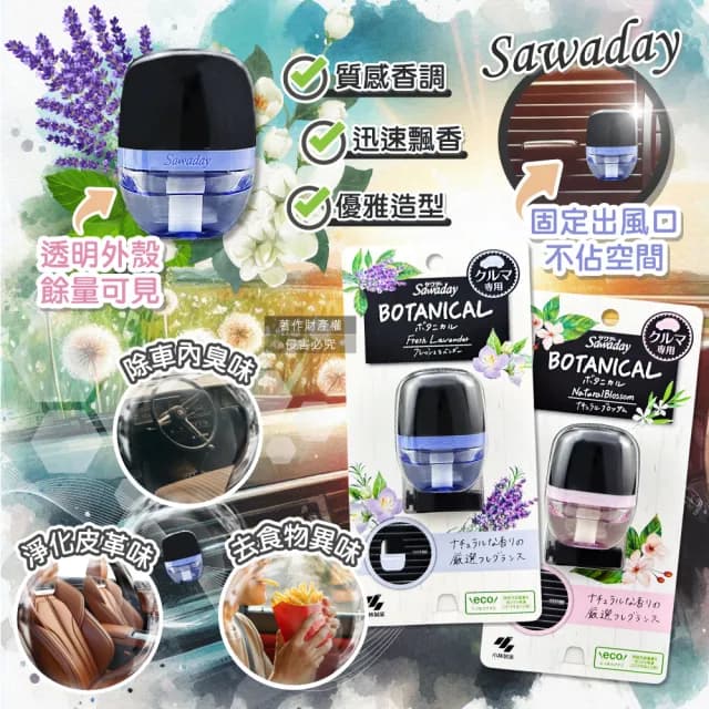 【日本小林製藥】Sawaday車用空調出風口專用夾式芳香劑6ml/盒(汽車擴香器香氛除臭味異味長效馨香約30天)