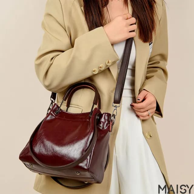 【MAISY】情人節禮物 復古高質感大容量水桶包 手提包 肩背包(咖啡色／紅色／黑色)
