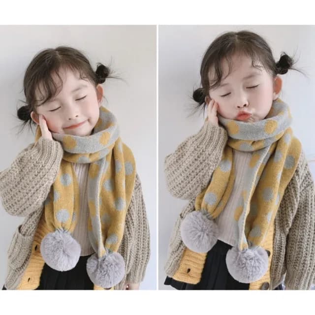 【安朵童舖】現貨日韓版兒童毛線圍巾復古圓點兒童圍巾針織雙面男童毛線球圍巾女童圍巾小童圍巾(105)