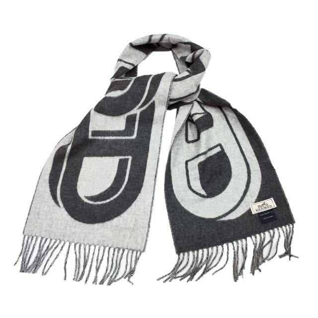 【Hermes 愛馬仕】H394825T 07 Maillons TGM經典羊毛雙面編織流蘇圍巾(黑X灰色)