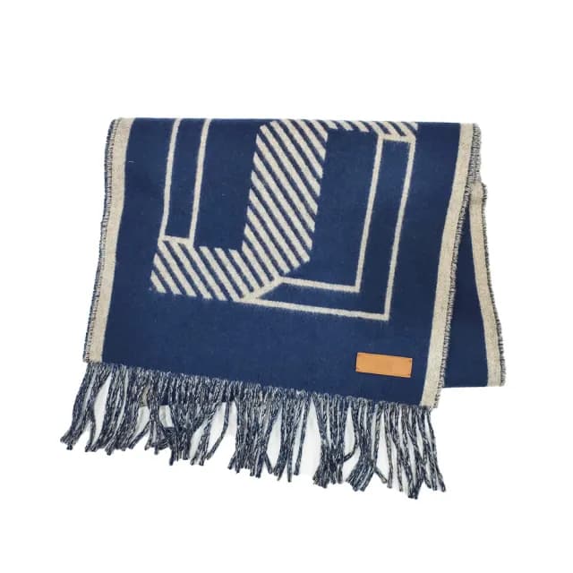 【Hermes 愛馬仕】H259152S 03 Casaque Lettres au Carre經典羊毛雙面編織流蘇圍巾(藍X米色)
