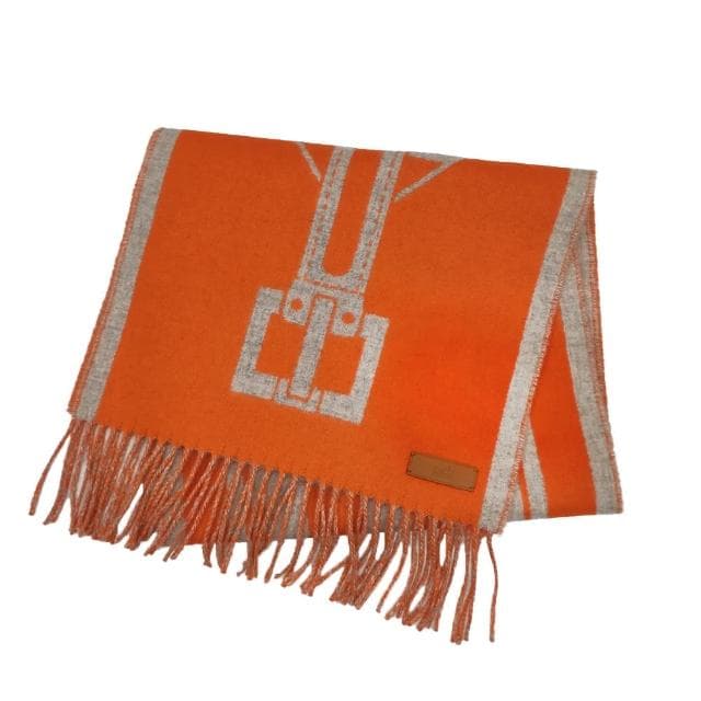 【Hermes 愛馬仕】H259151S 03 Casaque Les Sangles經典羊毛雙面編織流蘇圍巾(橘X灰色)