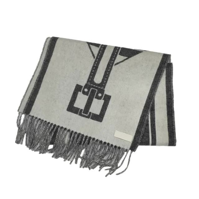 【Hermes 愛馬仕】H259151S 01 Casaque Les Sangles經典羊毛雙面編織流蘇圍巾(象牙白X灰色)