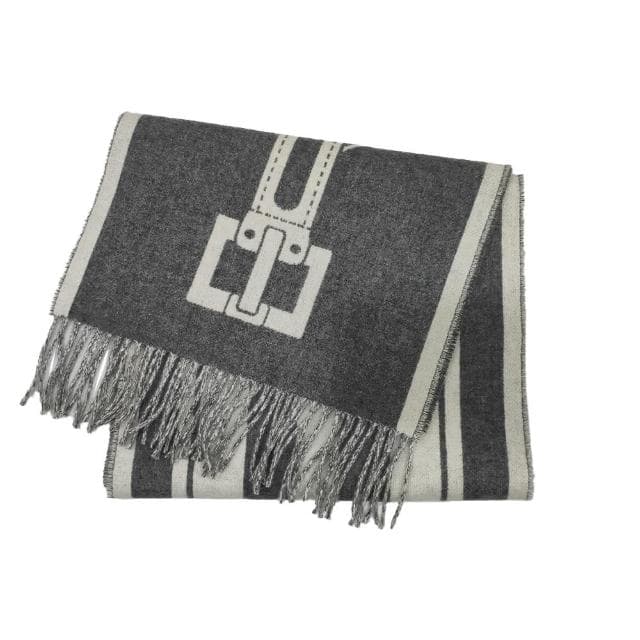 【Hermes 愛馬仕】H259151S 01 Casaque Les Sangles經典羊毛雙面編織流蘇圍巾(象牙白X灰色)