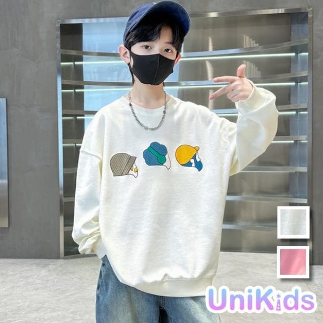 【UniKids】中大童裝長袖T恤插畫人物 男大童裝女大童裝  VPWY8502(米白 粉)