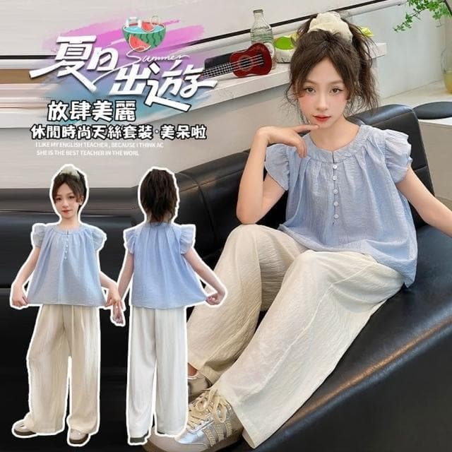 【小衣衫童裝】中大女童夏天短袖天絲長褲套裝(1140302)