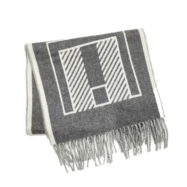 【Hermes 愛馬仕】H259152S 01 Casaque Lettres au Carre經典羊毛雙面編織流蘇圍巾(白X灰色)