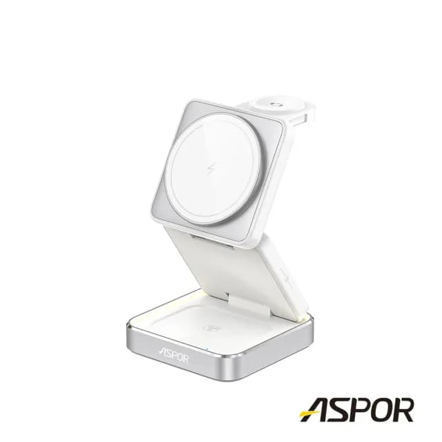 【ASPOR】W90 22W小魔方摺疊三合一磁吸無線充電座(手機/AppleWaetch手錶/耳機無線充電/呼吸氣氛燈)