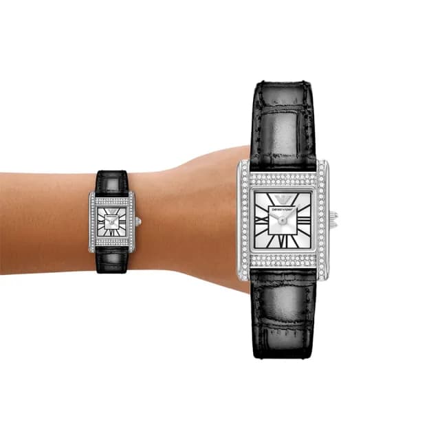 【EMPORIO ARMANI 官方直營】Genni 永恆榮耀環鑽女錶 黑色真皮錶帶手錶 20 MM AR11660
