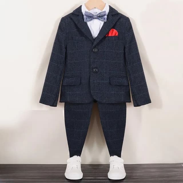 【橘魔法】藍灰毛尼格紋西裝外套＋西裝背心＋西裝長褲＋領結 套裝(4件組 男童 正裝 畢業典禮 兒童 童裝)