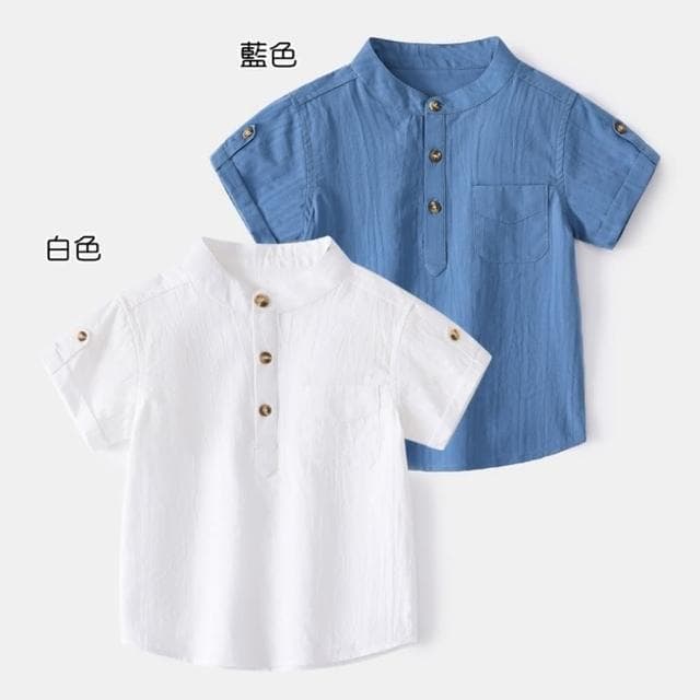 【橘魔法】直條紋路立領短袖襯衫(立領襯衫 短袖上衣 中童 表演 男童 兒童 童裝)