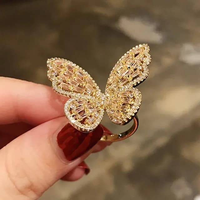 【KT DADA】情人節禮物 蝴蝶戒指 純銀戒指 925 戒指女生 鋯石戒指 開口戒指 可調節 復古 高級感 造型戒指