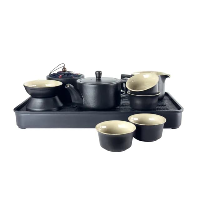 【SADOMAIN 仙德曼】粗陶方圓茶具旅組10件組-附收納提盒(一壺四杯/露營泡茶組/收納茶器套組/旅行茶具組)