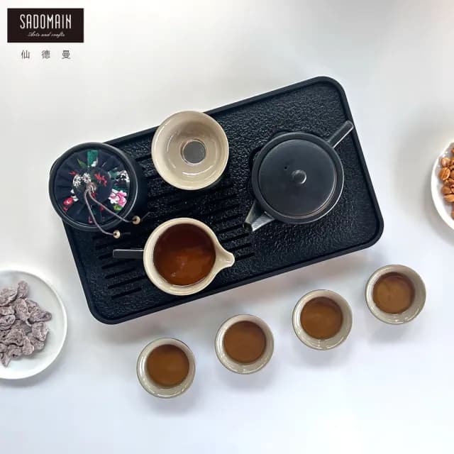 【SADOMAIN 仙德曼】粗陶方圓茶具旅組10件組-附收納提盒(一壺四杯/露營泡茶組/收納茶器套組/旅行茶具組)