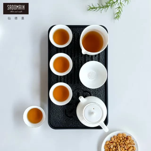 【SADOMAIN 仙德曼】鑲金白玉茶具旅組9件組-附收納提盒(一壺四杯/露營泡茶組/收納茶器套組/旅行茶具組)