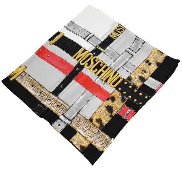 【MOSCHINO】經典LOGO品牌皮帶純絲披肩方型大絲巾圍巾(黑白)