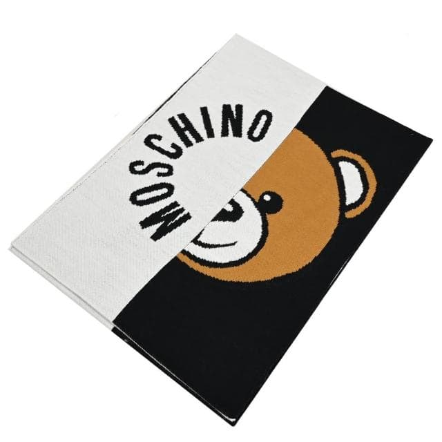 【MOSCHINO】經典品牌LOGO泰迪熊雙色混羊毛窄版針織披肩長圍巾(白/黑)