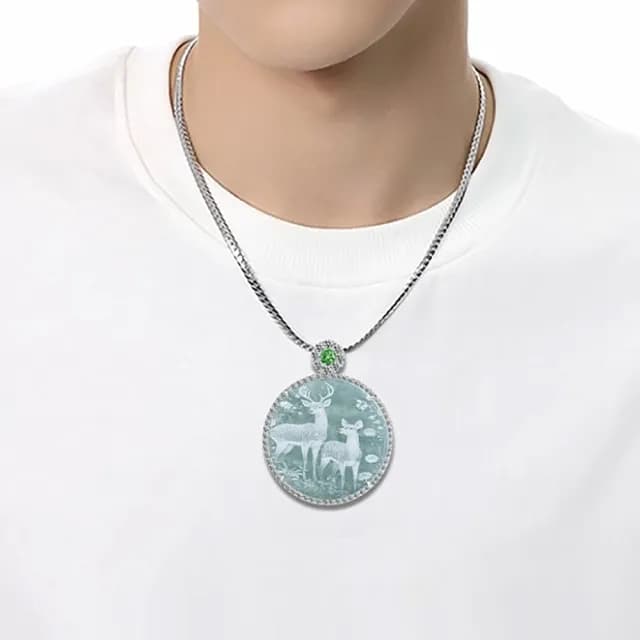 【Penny珮妮】A貨翡翠藍水影雕鹿牌一路有你銅鑲冰種玉石吊墜項鍊(交換禮物  生日 情人節 尾牙 新年 結婚)