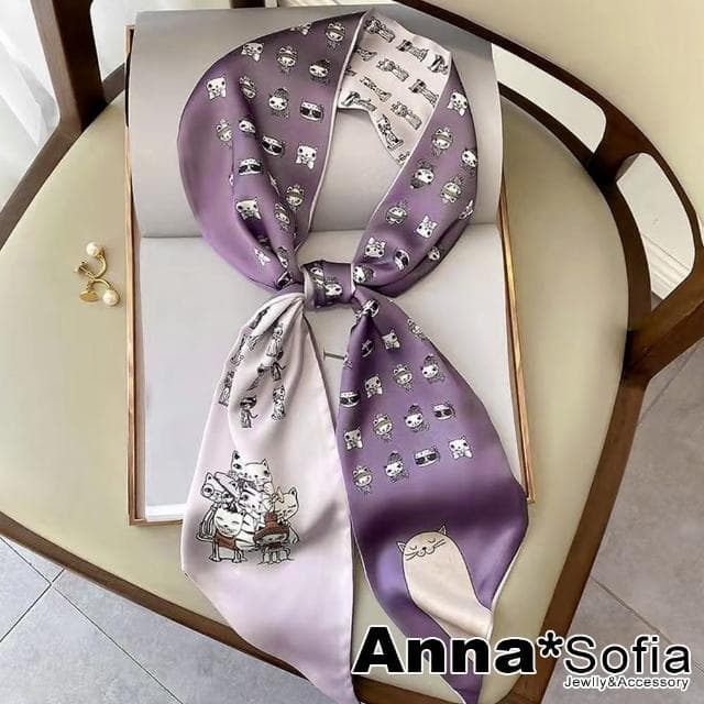 【AnnaSofia】仿絲領巾絲巾-萌貓家族斜角 窄版緞面 現貨(雙紫系)