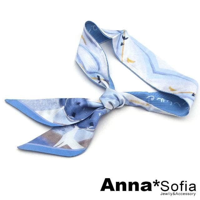 【AnnaSofia】仿絲領巾絲巾圍巾-星河鹿影 窄版緞面 現貨(藍系)
