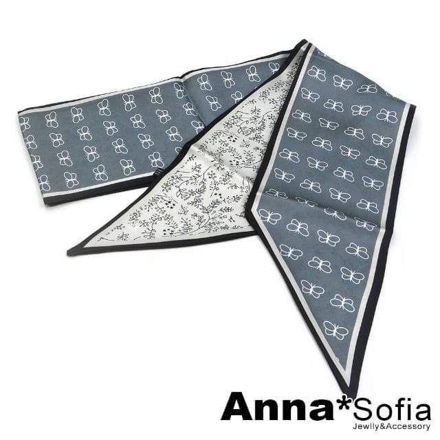 【AnnaSofia】仿絲領巾絲巾圍巾-線蝶葉花斜角 現貨(灰藍系)