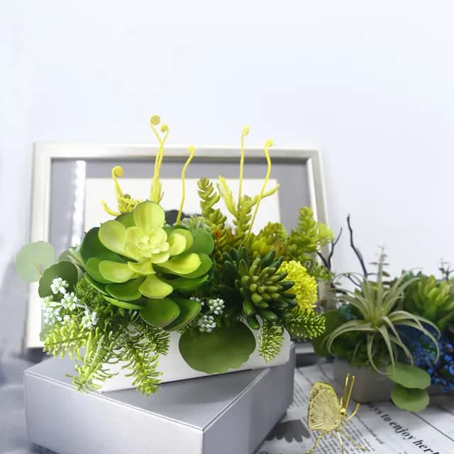 【HUGO DECO 榆果傢飾】寶石蓮多肉組合長盆植栽(擬真植物/人造盆栽/綠化/佈置/禮物)