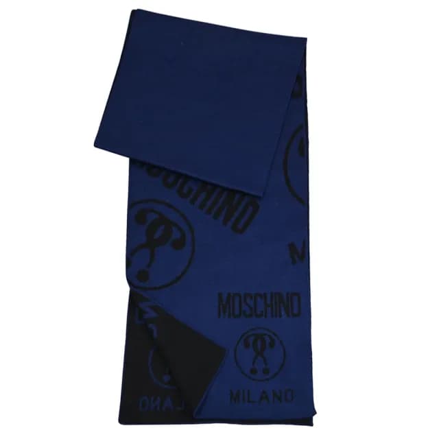 【MOSCHINO】經典英文LOGO雙面雙色混羊毛保暖披肩長圍巾(深藍/黑)