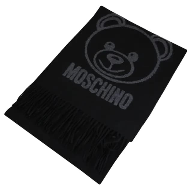 【MOSCHINO】經典品牌LOGO泰迪熊純羊毛流蘇保暖披肩長圍巾(黑)