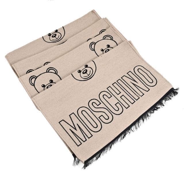 【MOSCHINO】經典滿版泰迪熊圖案雙面混羊毛保暖披肩長圍巾(黑/褐)