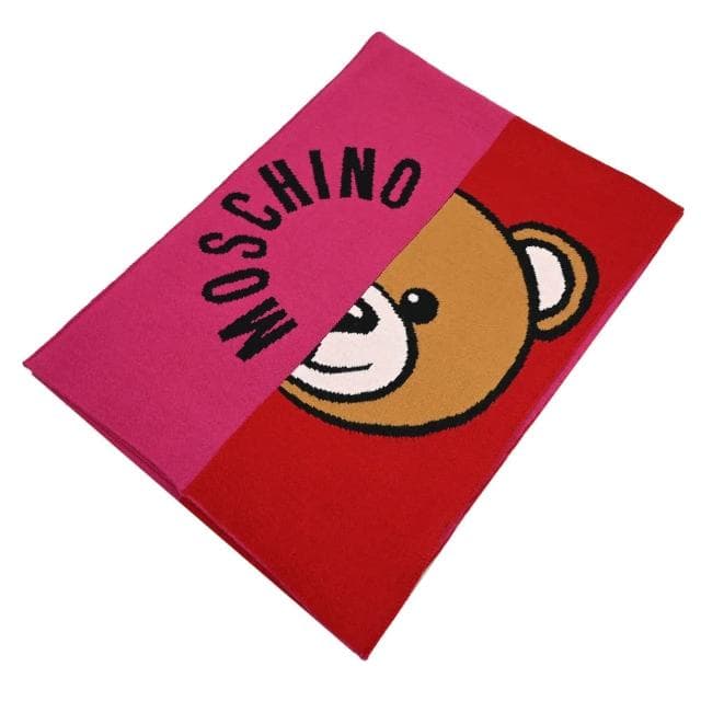 【MOSCHINO】經典品牌LOGO泰迪熊雙色混羊毛窄版針織披肩長圍巾(桃/紅)