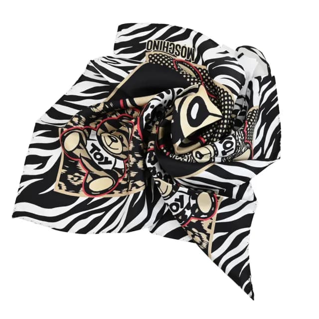 【MOSCHINO】經典品牌泰迪熊豹紋純絲披肩方型絲巾圍巾(黑白)