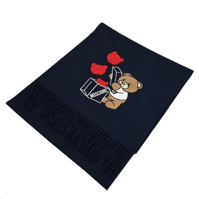 【MOSCHINO】品牌LOGO小熊氣球禮物純羊毛流蘇保暖披肩長圍巾(深藍)