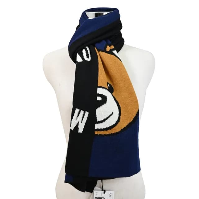 【MOSCHINO】經典品牌LOGO泰迪熊雙色混羊毛窄版針織披肩長圍巾(黑/深藍)