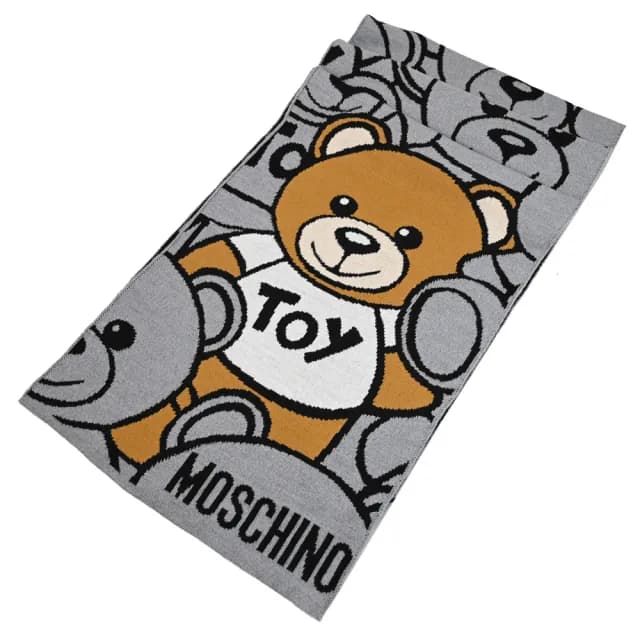 【MOSCHINO】品牌滿版LOGO泰迪熊純羊毛撞色保暖披肩長圍巾(灰)