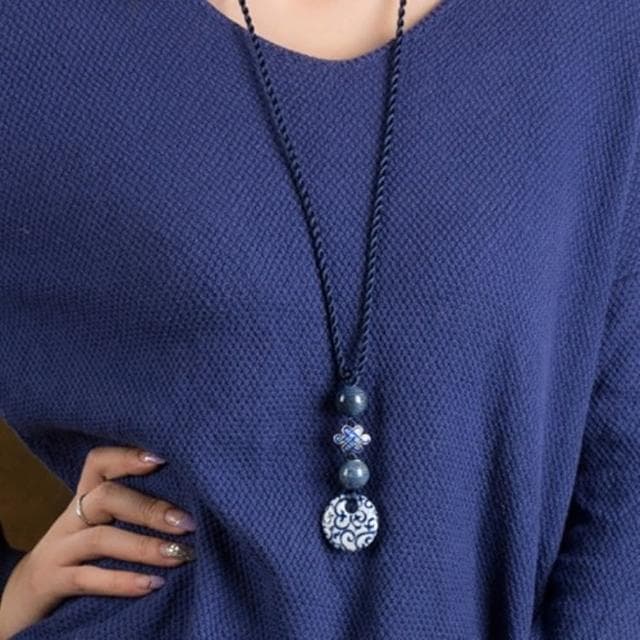 【Penny珮妮】青花瓷吊墜長款項鍊毛衣鍊(母親節 送女友 交換禮物  生日禮 情人節 尾牙 新年 結婚)