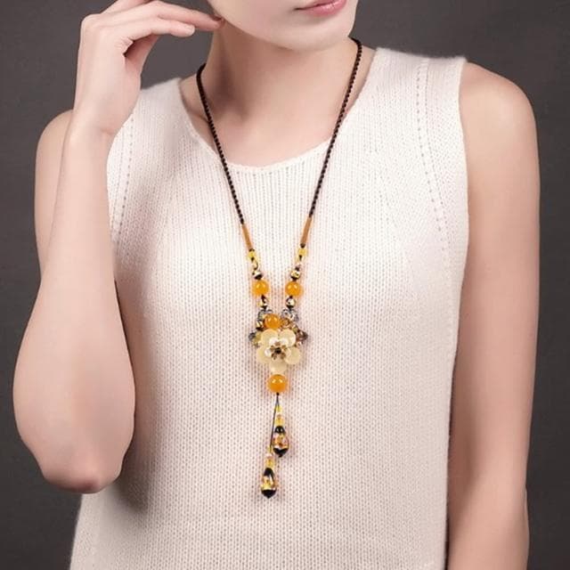 【Penny珮妮】精品琉璃黃花瓣項鍊毛衣鍊(母親節 送女友 交換禮物  生日禮 情人節 尾牙 新年 結婚)