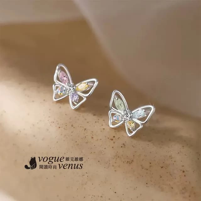 【維克維娜】彩鑽精巧蝴蝶925純銀耳環