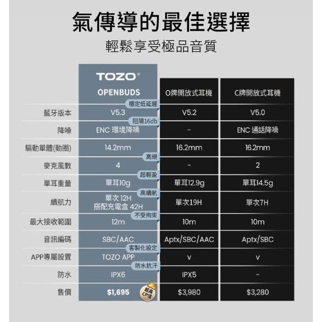 【TOZO】OpenBuds降噪開放式AI輔助氣傳導無線藍芽耳機(chatGPT/智慧錄音/ENC通話降噪/耳掛式)