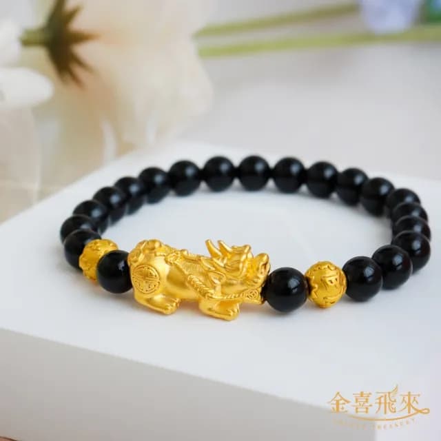 【金喜飛來】黃金手鍊貔貅雙金錢珠6mm瑪瑙(0.32錢±0.03)