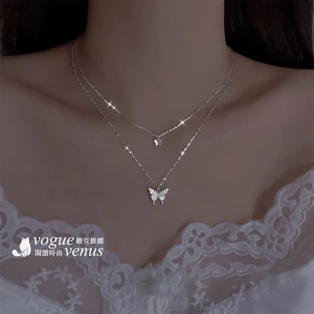 【維克維娜】水鑽蝴蝶雙鍊925純銀項鍊