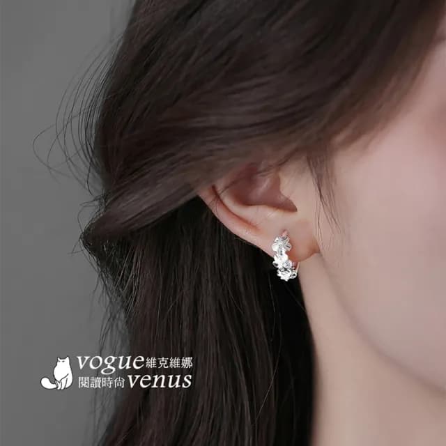 【維克維娜】水鑽3朵花易扣式925純銀耳環