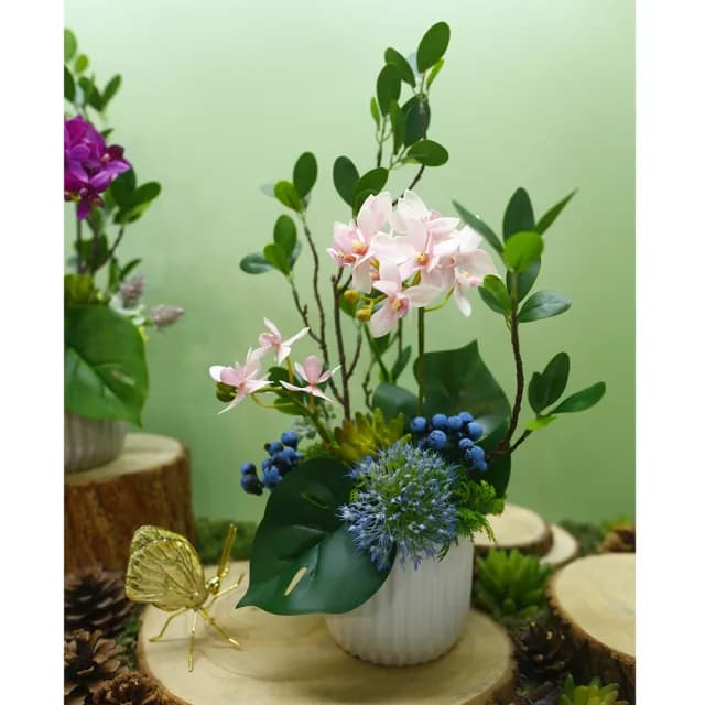 【HUGO DECO 榆果傢飾】雅緻粉蝴蝶蘭榕枝香氛花禮(擬真植物/人造盆栽/綠化/佈置/禮物)