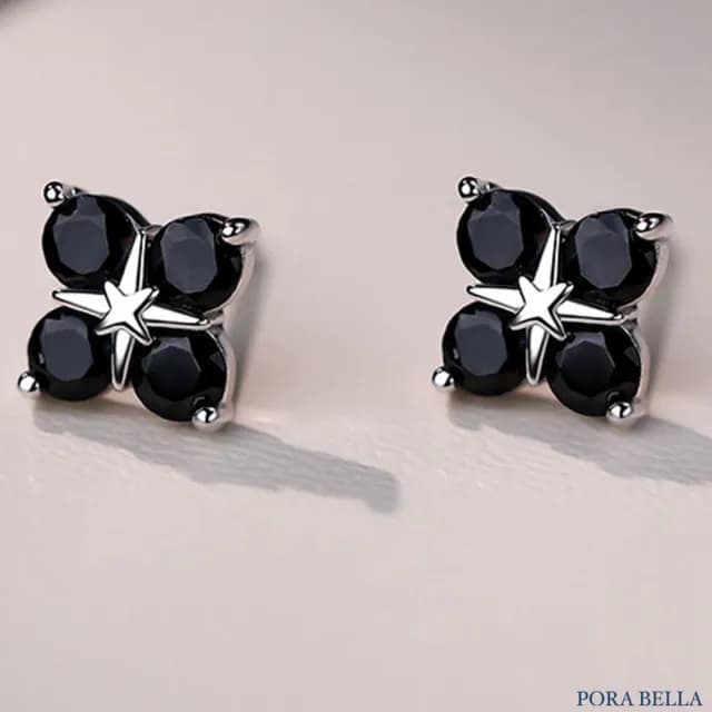 【Porabella】S999純銀耳釘 星芒耳釘 四葉草耳釘 黑白鋯石耳釘 輕奢高級感 耳釘耳環飾品 Earrings